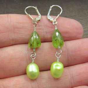 Sterling Silver Rough Peridot Stone & Green Pearl Earrings Vintage